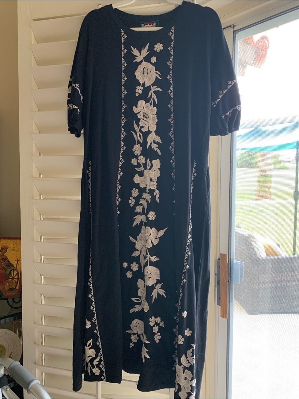 Johnny Was Black Maxi Dress with Cream Floral Embroidery cotton knit